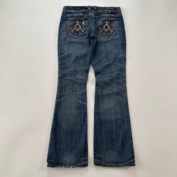 Archair Womens Blue Denim Lowrise Flare Jeans Distressed Rhinestone Size 29x33 - Picture 2 of 8